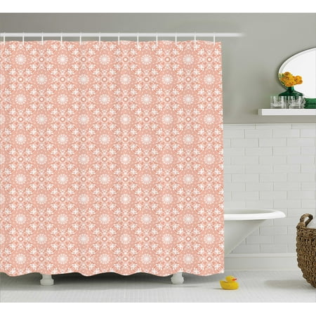 - Coral Shower Curtain, Artistic Flourish Embroidery Pattern Ethnic Mandala Motifs Classical Fashionable, Fabric Bathroom Set with Hooks, 69W X 70L Inches, Coral White, by Ambesonne