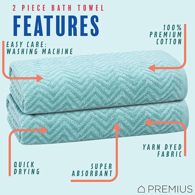 PREMIUS 2 Pack Chevron 100% Cotton Yarn Dyed Bath Towel, Aqua-Cyan, 27x54 Inches