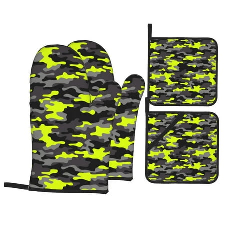 

Oven Mitts and Pot Holders 4 pcs Set Green Grey Camouflage Heat Resistant Pot Holders Oven Mitts for kitchen Non-Slip Hanging Loop Oven Glove Potholders for Baking Cooking