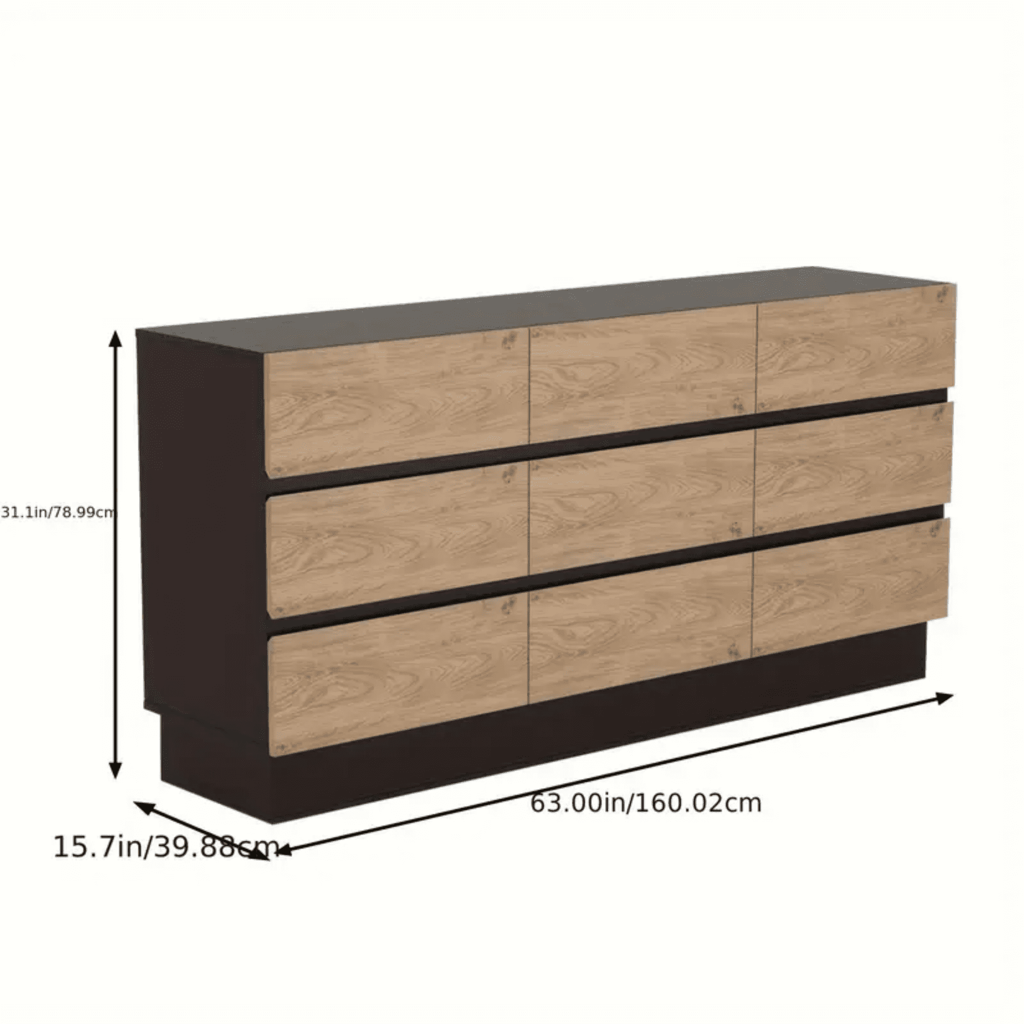 Modern 9 Drawer Dresser 63 Inch Wide Legless Chest of Drawers for Bedroom Living Room or Hallway Oak and Black
