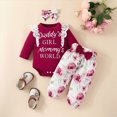thumbnail image 2 of masbird 3 Piece Newborn Baby Girl Clothes Ruffle Romper Pants Headband Set 0 3 6 9 12 18 24 Months Fall Winter Outfits,Wine,3-6 M, 2 of 6