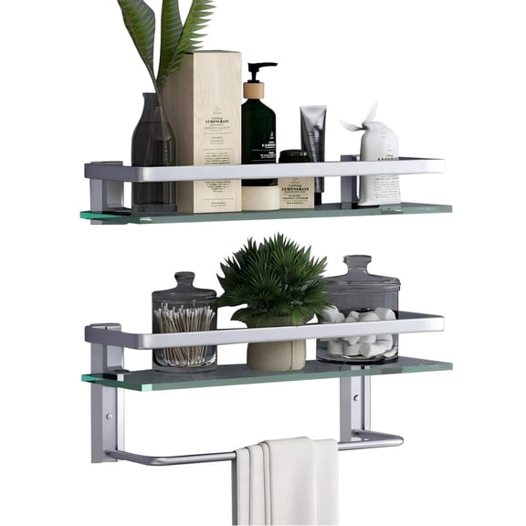 Sofinny 2 Tier Glass Shelf for Bathroom Wall Mounted, 15.7in Aluminum Floating Shelves with Towel Bar, No Drilling, 8mm Thick Tempered Glass (White)