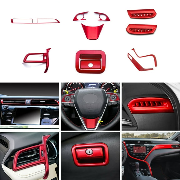 Xotic Tech Set Glossy Red Console Stripe Passenger Dash Panel Glove Box Center Side Left AC Air Vent Steering Wheel Accessories Cover Trim Combo Kit, Compatible with Toyota Camry 2018-2020