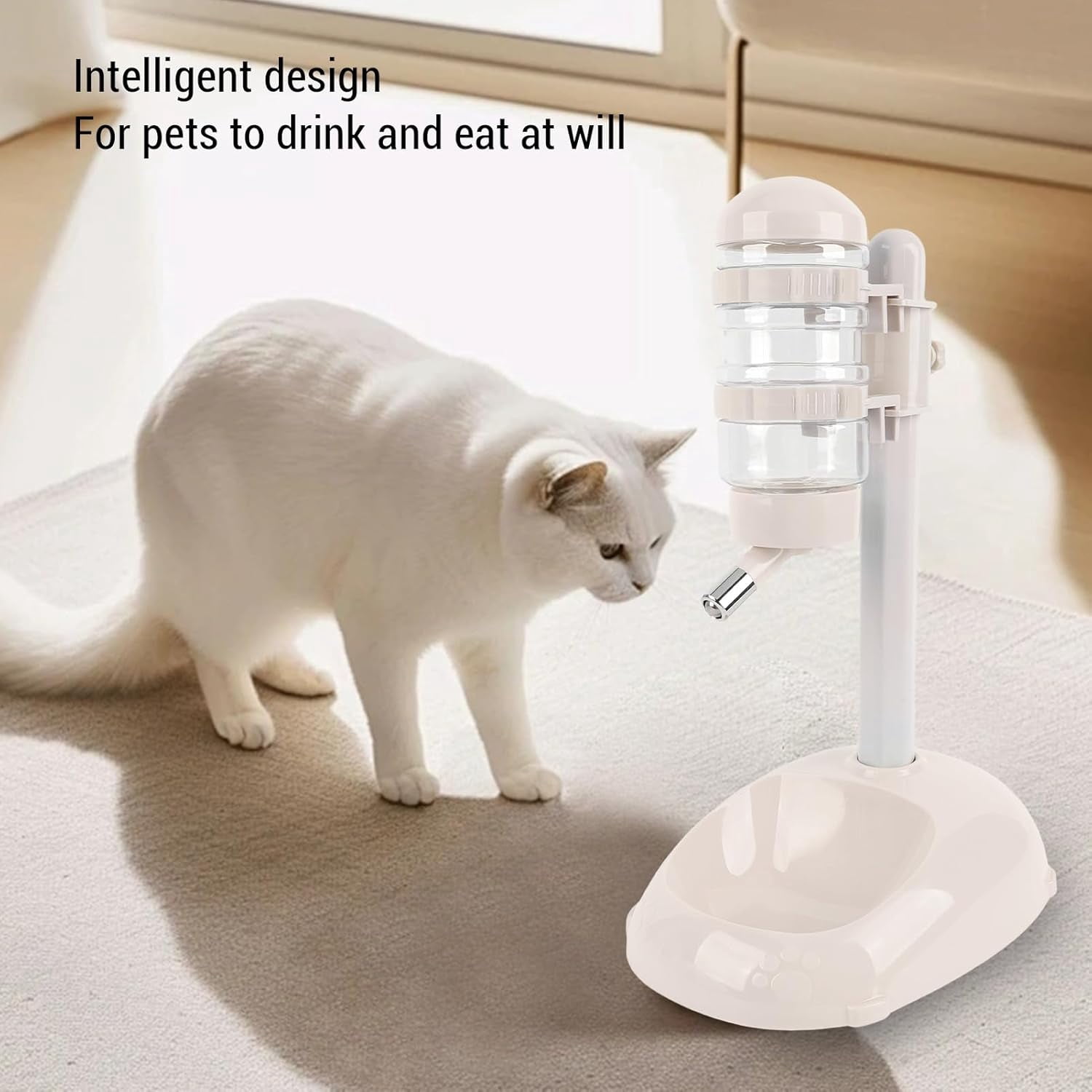 ABCISI Pet Standing Water Dispenser, Height Adjustable Automatic Water Feeder Food Feeder Bowl, 500ml Dog Water Bottle Dispenser, Dog Cat Feeding Water Bowl Set (Beige)