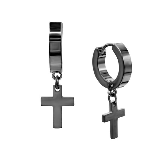 BEBERLINI Men Cross Pendant Huggie Hoop Earrings Black Stainless Steel Jewelry Gift