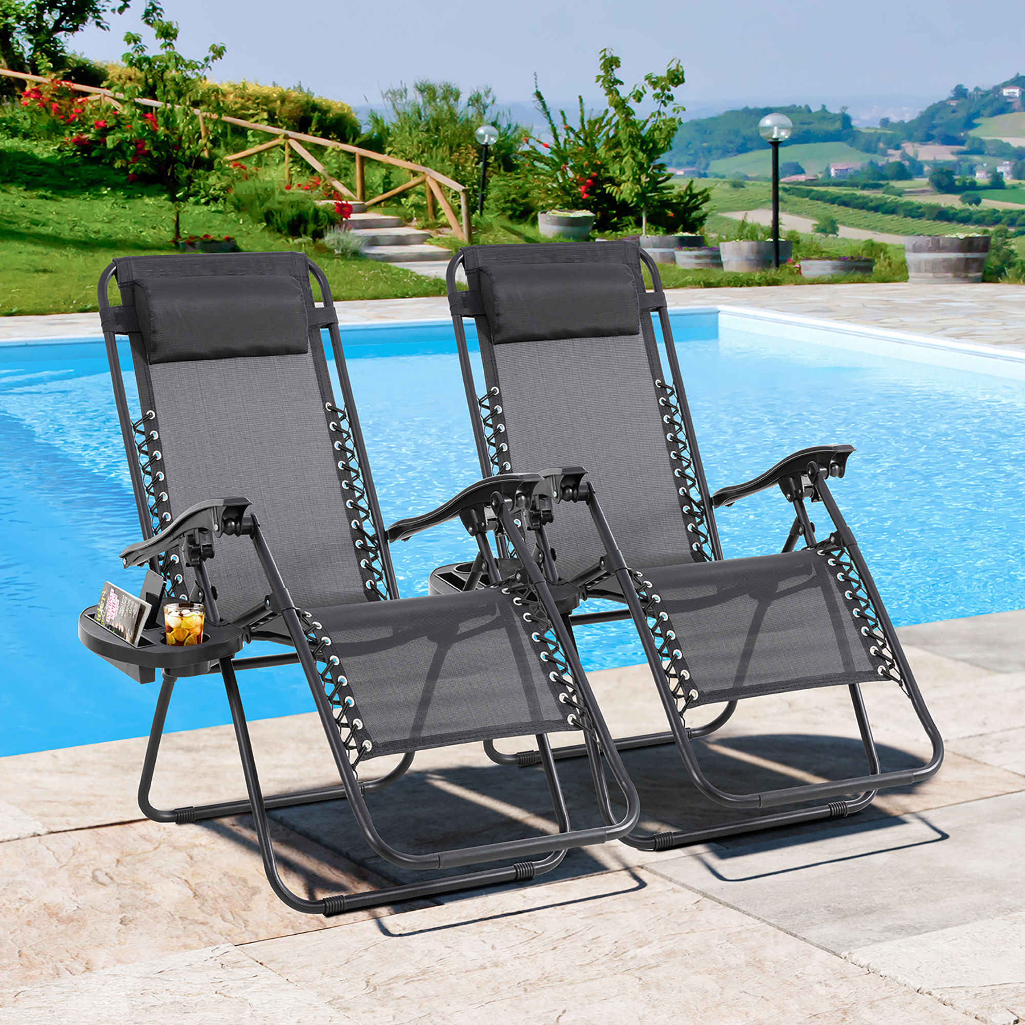 Walsunny 2 Pcs Black Outdoor Adjustable Folding Zero Gravity Chair for Backyard and Pool - image 1 of 8