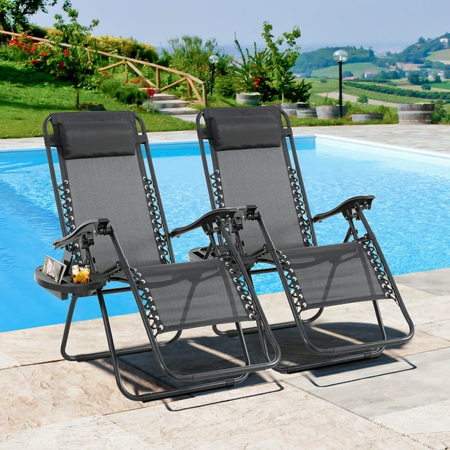 Walsunny 2 Pcs Black Outdoor Adjustable Folding Zero Gravity Chair for Backyard and Pool