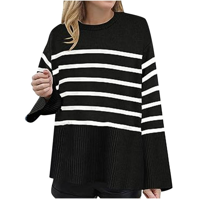 Yuyuzo Chandails pour Femmes Rayures Manches Longues Col Rond Pull Basique Tricoté Automne Blouse