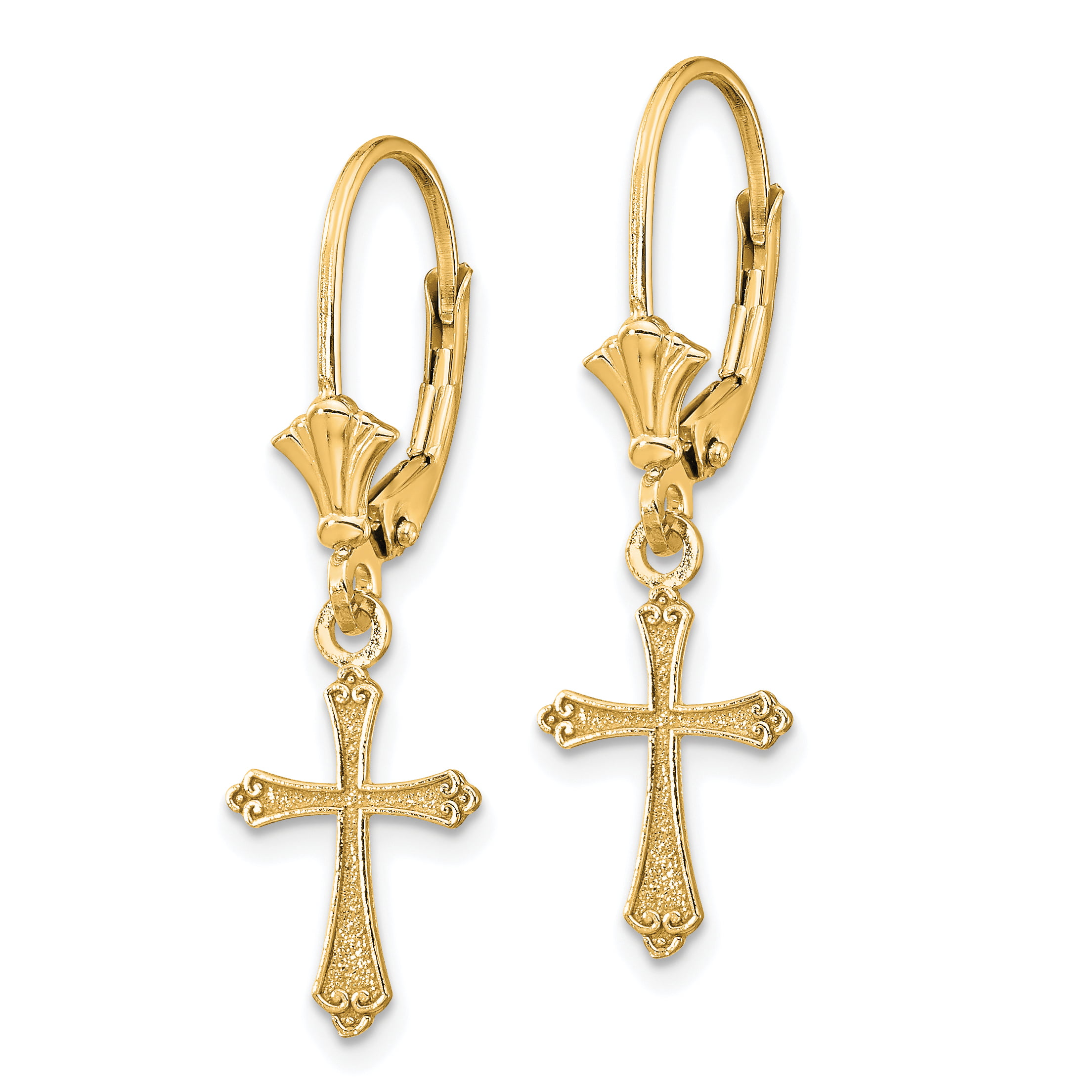 14K Yellow Gold Mini Cross with Scroll Tips Dangle Lever back Earrings MSRP $202