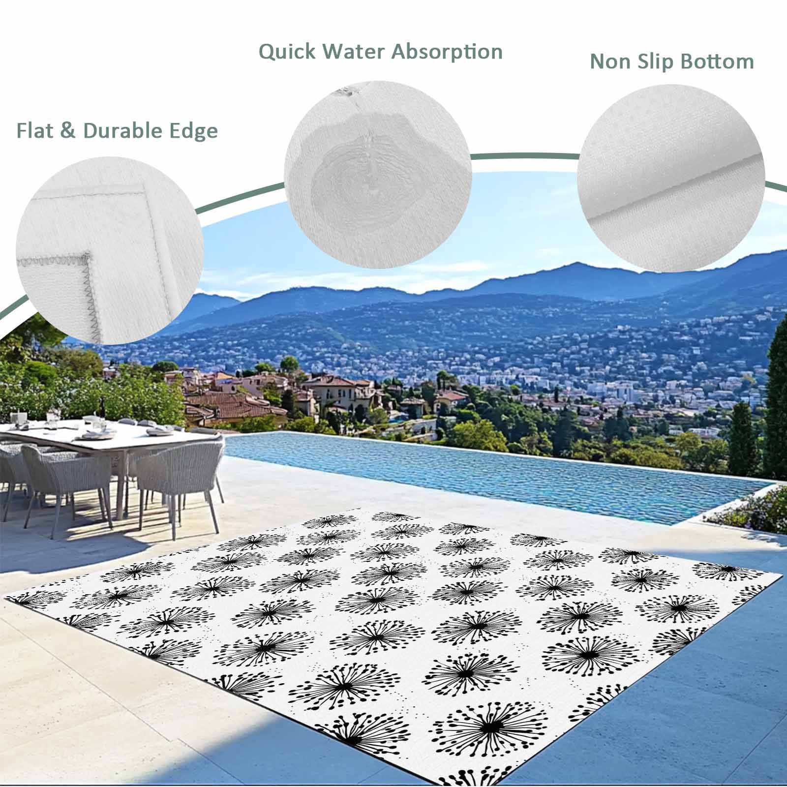 Outdoor Rug 3x5 ft White Dandelion Outdoor Large Area Rug Non Slip Rubber Pastoral Plant Front Door Mat RV Rug Camping Carpet Patio Outdoor Rugs for Backyard Balcony Deck Porch Indoor