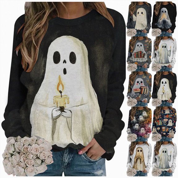 Halloween Women's Long Sleeve Sweatshirts Sweatshirts Loose Retro Crewneck Graphic Casual Pullover Top(White,XXL)