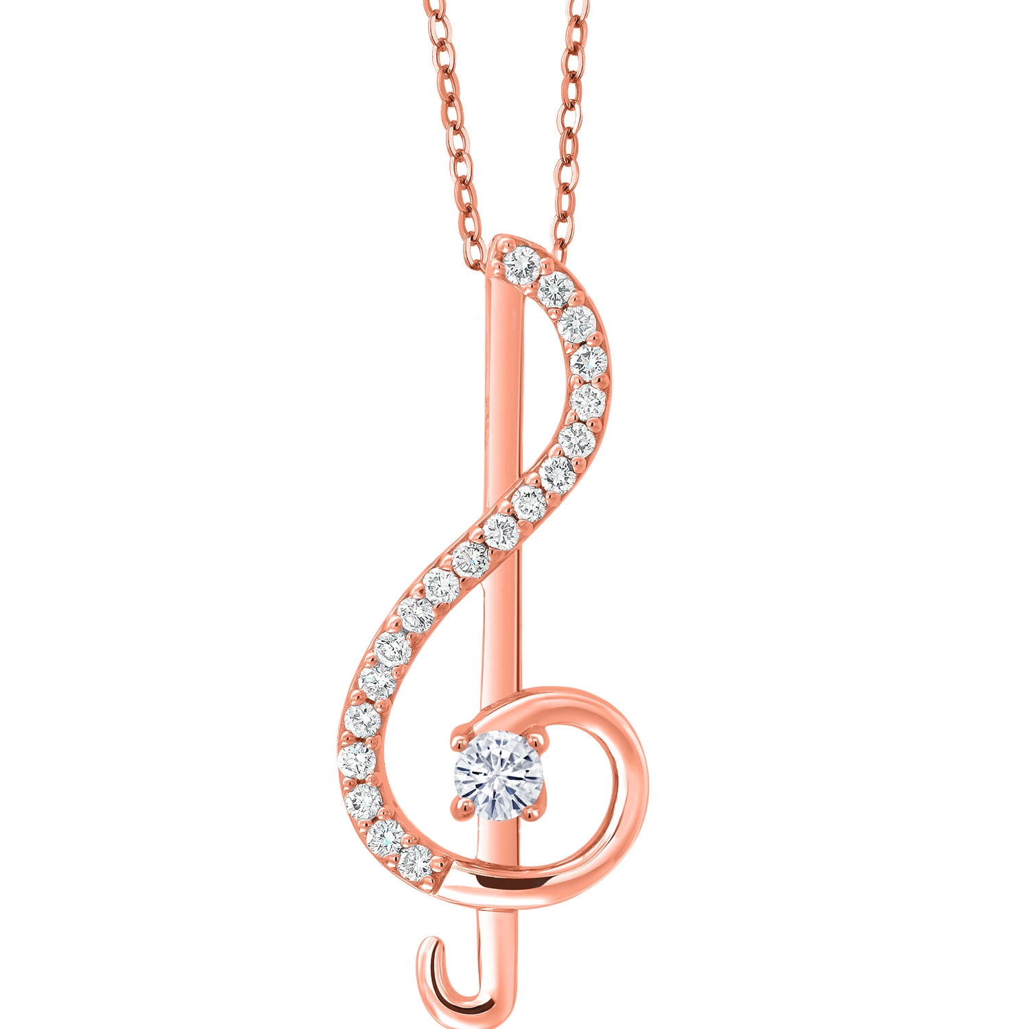 Gem Stone King 18K Rose Gold Plated Silver White Moissanite Pendant Necklace Treble Clef Music Note Jewelry Gift for Women By Keren Hanan (0.29 Cttw, with 18 inch Silver Chain)