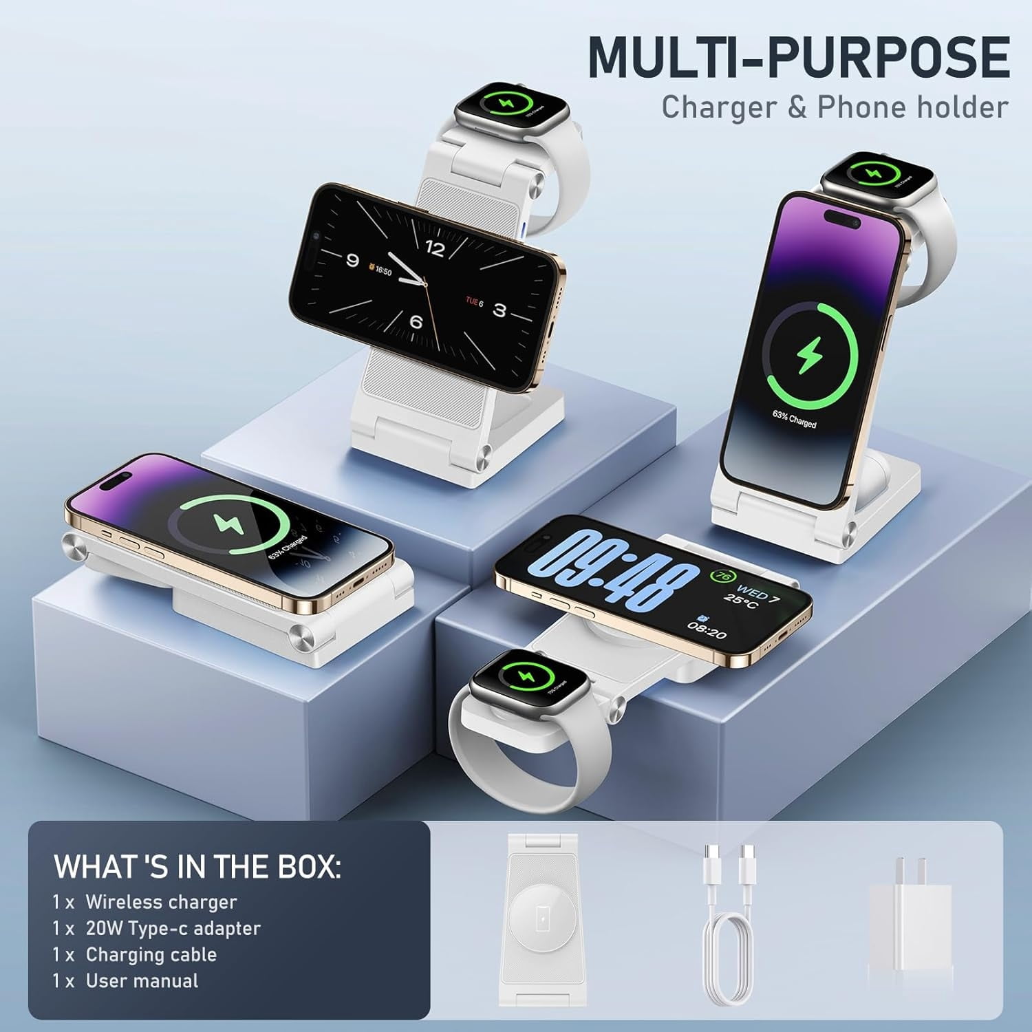 Magnetic Wireless Charger Stand, 3 in 1 Foldable Wireless Charging Station, Travel Charger for Multiple Devices for iPhone 16 15 14 13 12 Series, Apple Watch Ultra/9/8/7/6/5/4/3/2, AirPods,White
