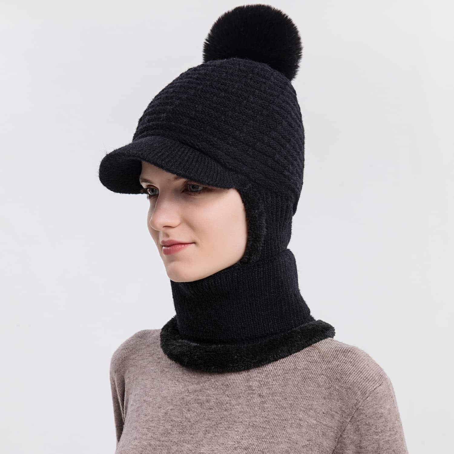 Zhengup Women Balaclava Visor One-Piece Skull Beanie Hat Neck Circle Scarf Ski Snow Winter Knit Fleece Cap Cold Weather