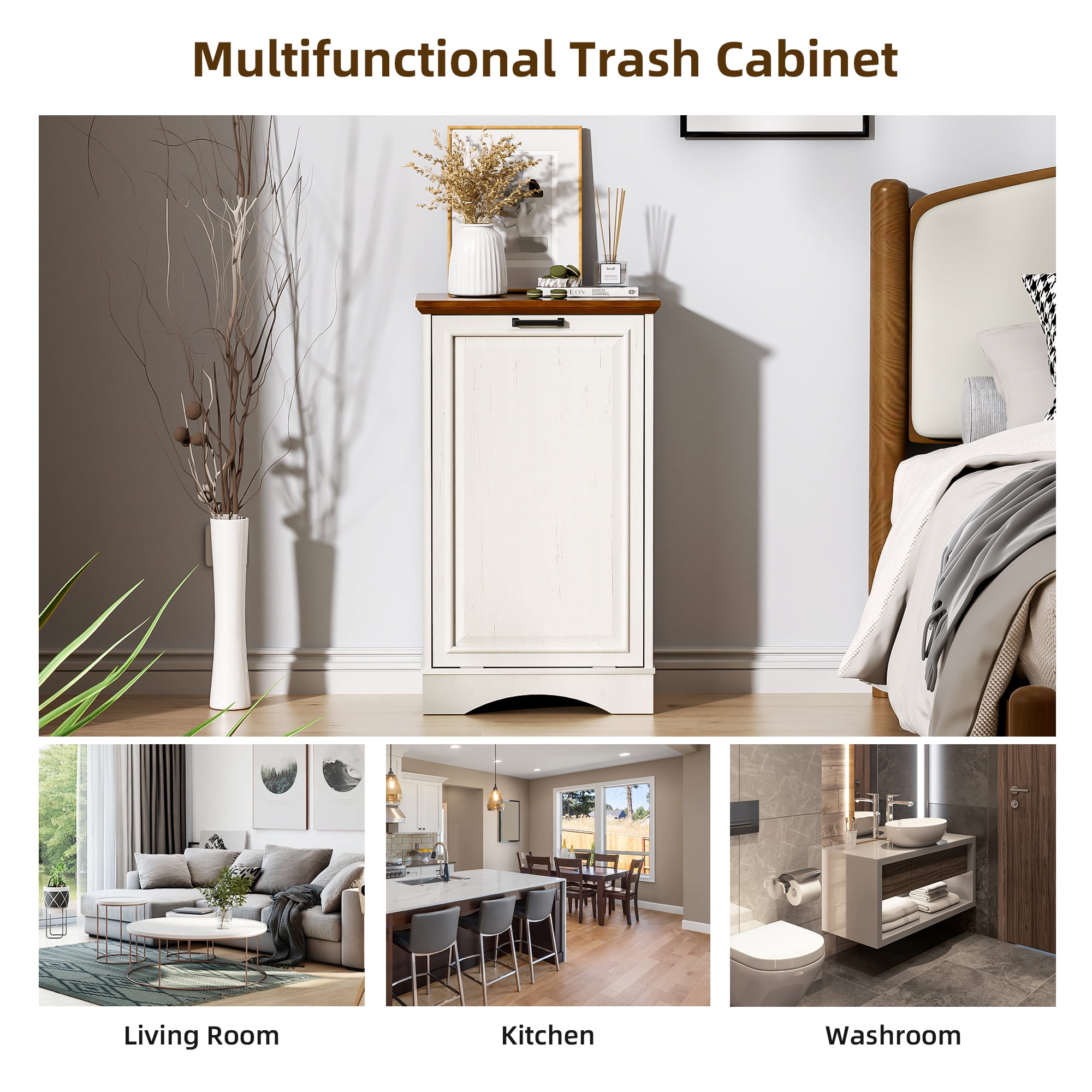 HARIPUL 13 Gallons Tilt Out Trash Cabinet with Deodorizing Function, Free Standing Kitchen Trash Cabinet Recycling Garbage Cabinet, White