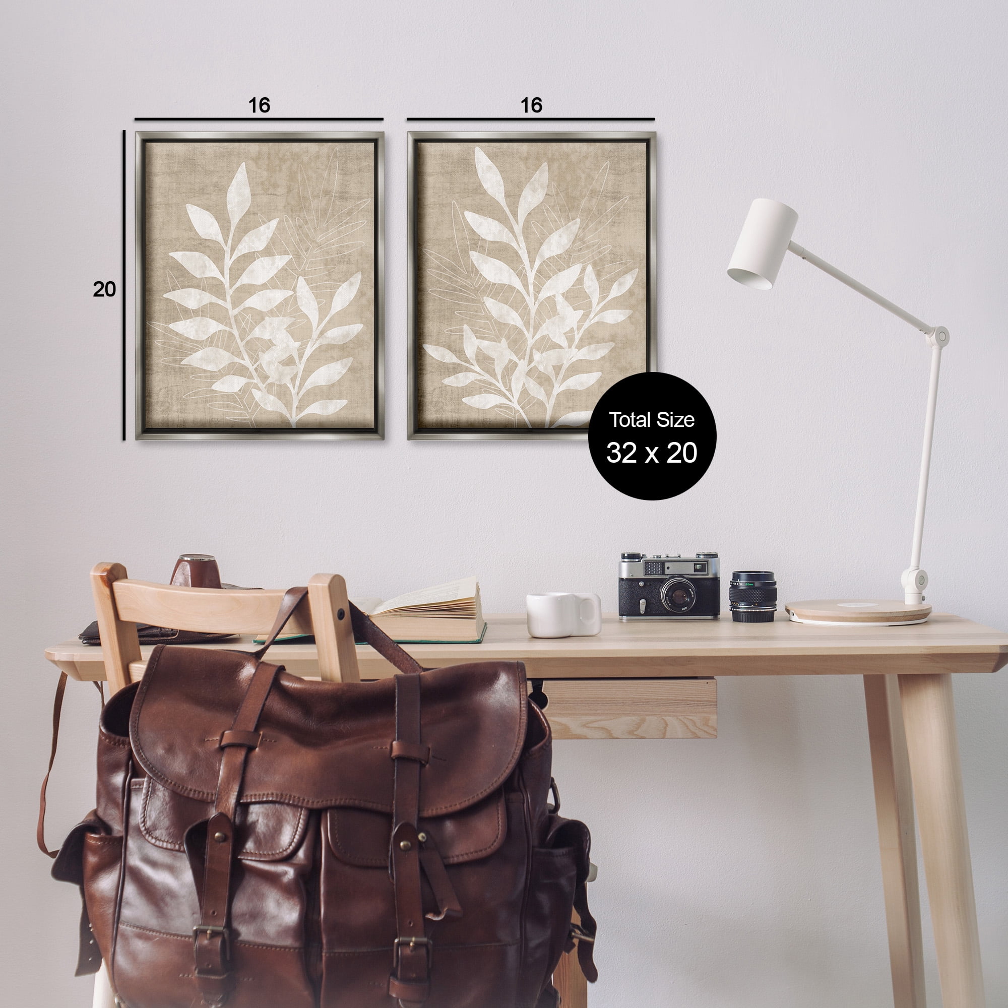 Stupell Industries Boho Botanical Leaf Silhouette Botanical & Floral Painting Gray Floater Framed Canvas Art Print Wall Art, 17 x 21, Set of 2