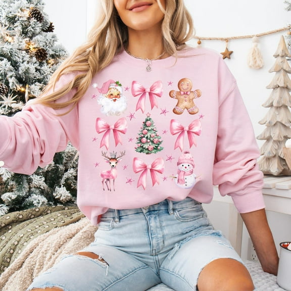 Coquette Christmas Sweatshirt, Pretty Pink Bows, Santas and Gingerbread Sweatshirt, Festive Holiday Crewneck, Soft Girl Christmas Sweatshirt, Pink Christmas Shirt, Gift For Her, Holiday Shirts