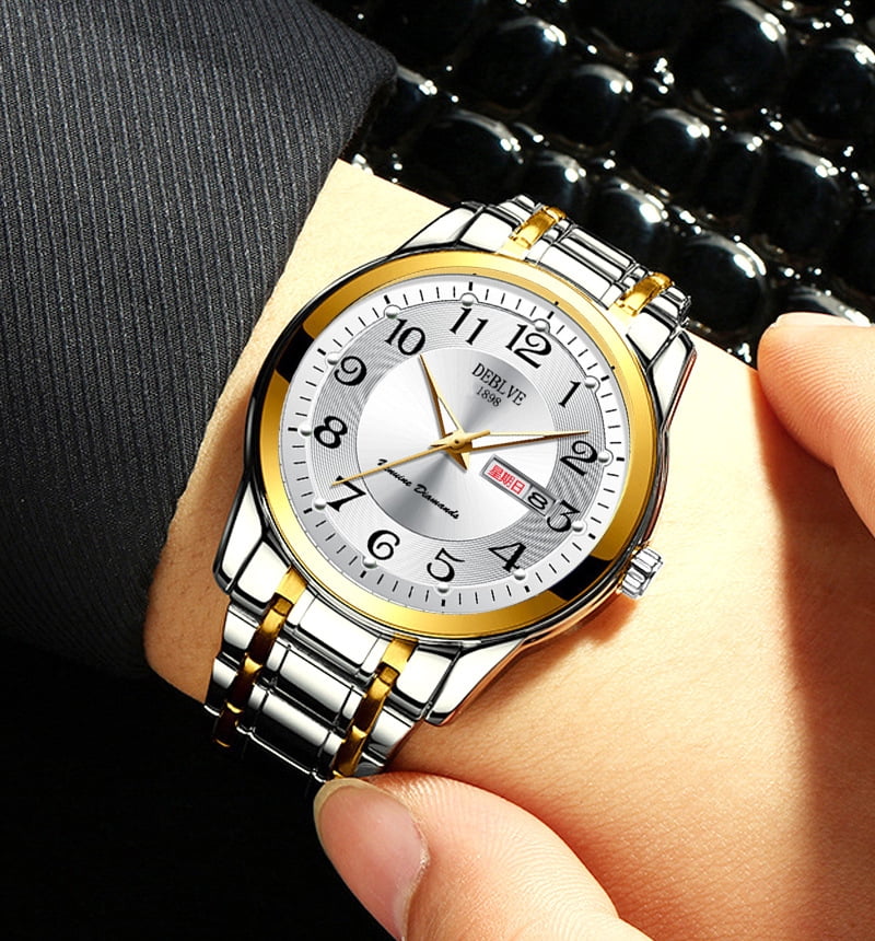 Men's watch with digital luminous display, dual calendar, alloy solid quartz watch, steel strap, waterproof, fashionable non-mechanical wristwatch for men