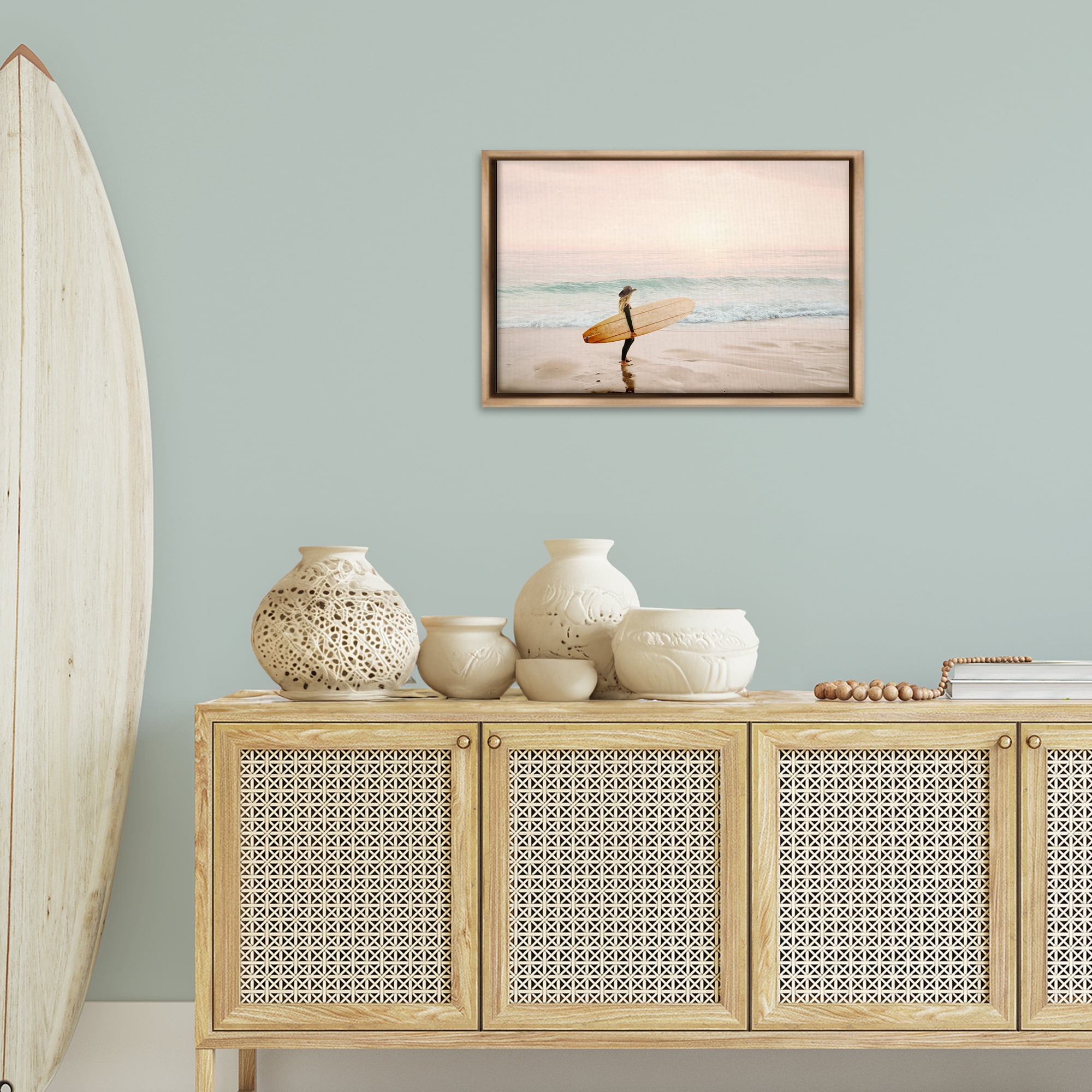 Stupell Industries Surfer Cowgirl on Beach Sports Photography Brown Floater Framed Canvas Art Print Wall Art, 25 x 17