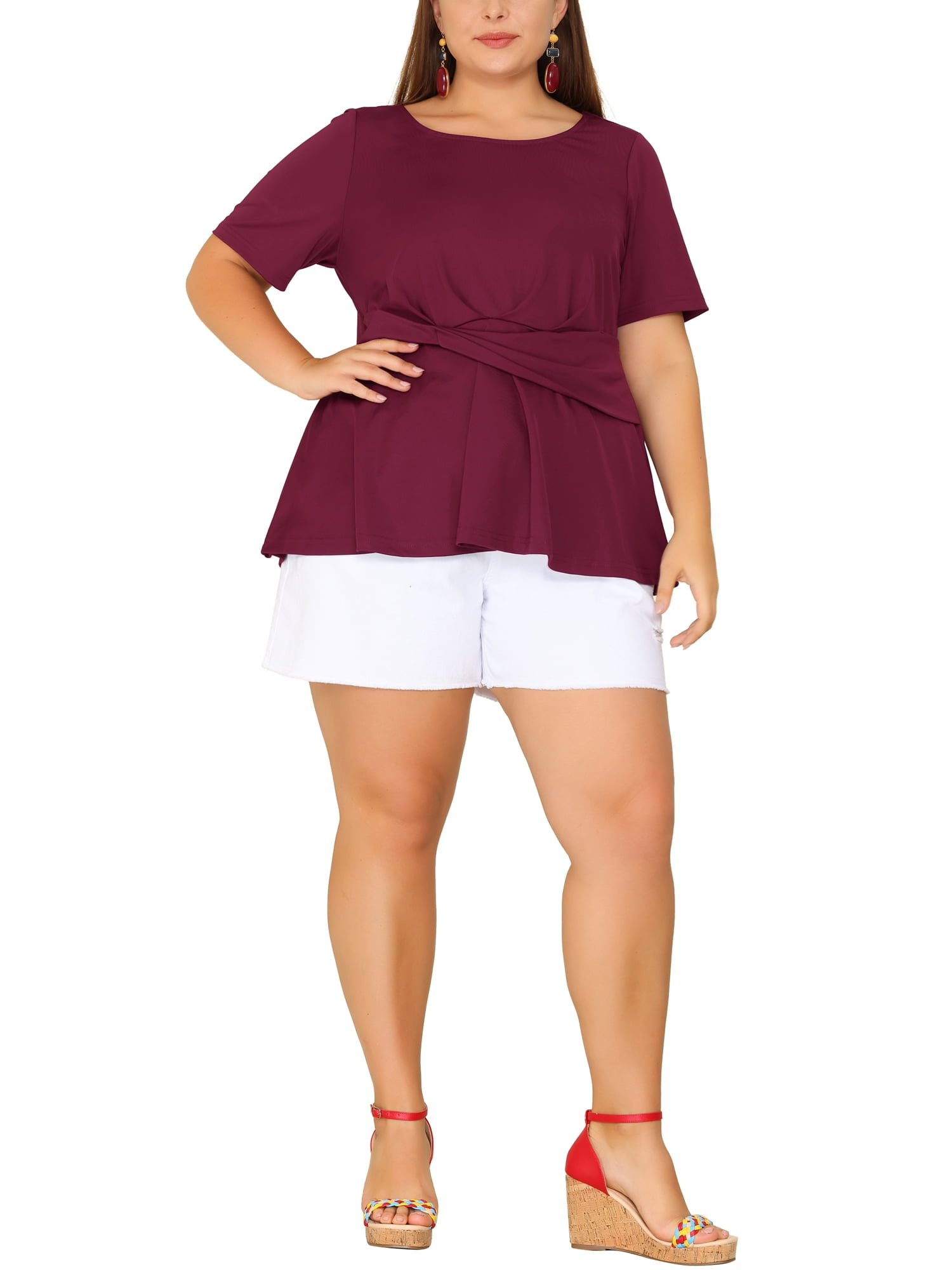 Unique Bargains Women's Plus Size Short Sleeve Solid Outfits Fashion Wrap Peplum Tops 1X Burgundy