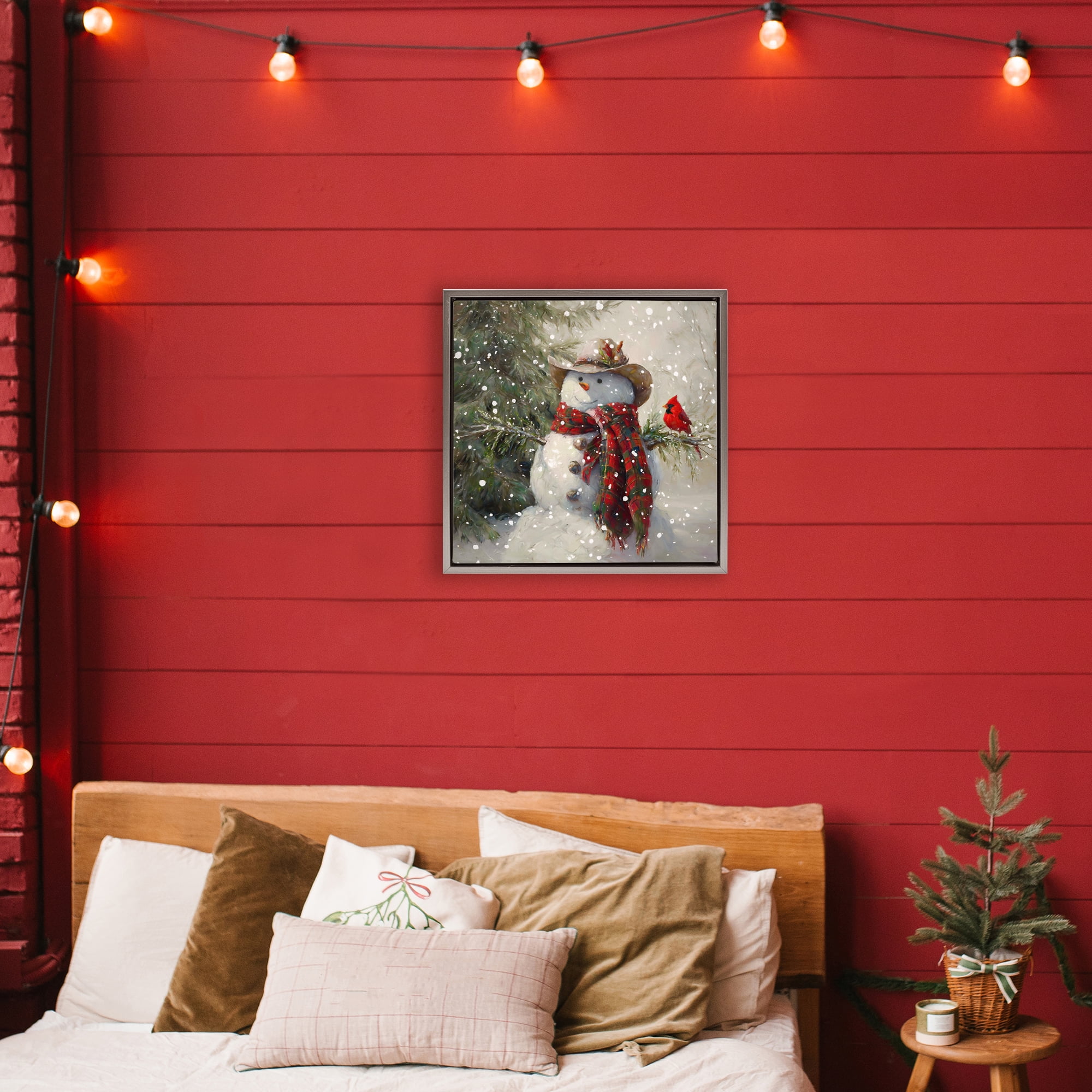 Stupell Industries Cowboy Snowman & Cardinal Gray Framed Floater Canvas Wall Art, design by Tina LeCour