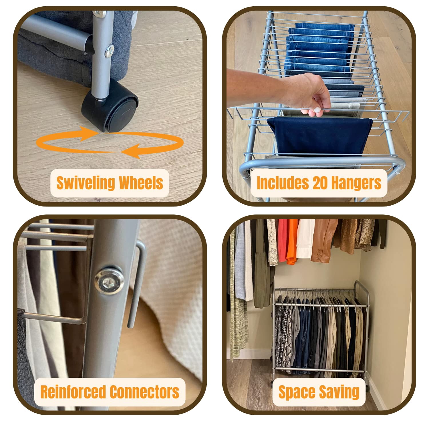 Evelots Pants Rack with 20 Pants Hangers Rolling Trolley Cart - Skirt Hangers, Jean Organizer for Closet