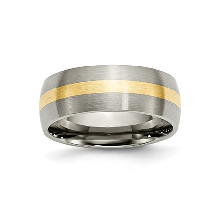 Mens 8mm Brushed Titanium and 14k Yellow Inlay Round Edge Wedding Band Ring Size 7