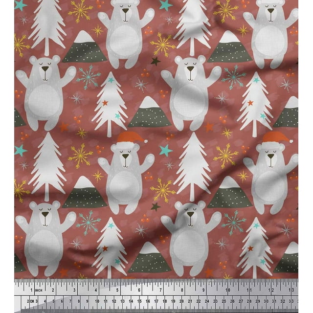 Soimoi Brown Modal Satin Fabric Snowflake & Bear Cartoon Printed Craft Fabric by the Yard 42 Inch Wide