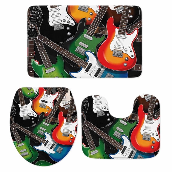 Electric Guitar Bathroom Rugs Set Colorful Guitar Music Instrumentation Non Slip Absorbent Soft Bath Mats 3 Piece Set with Bathroom Rug, U-Shaped Floor Mat, Toilet Seat Cover Small Size