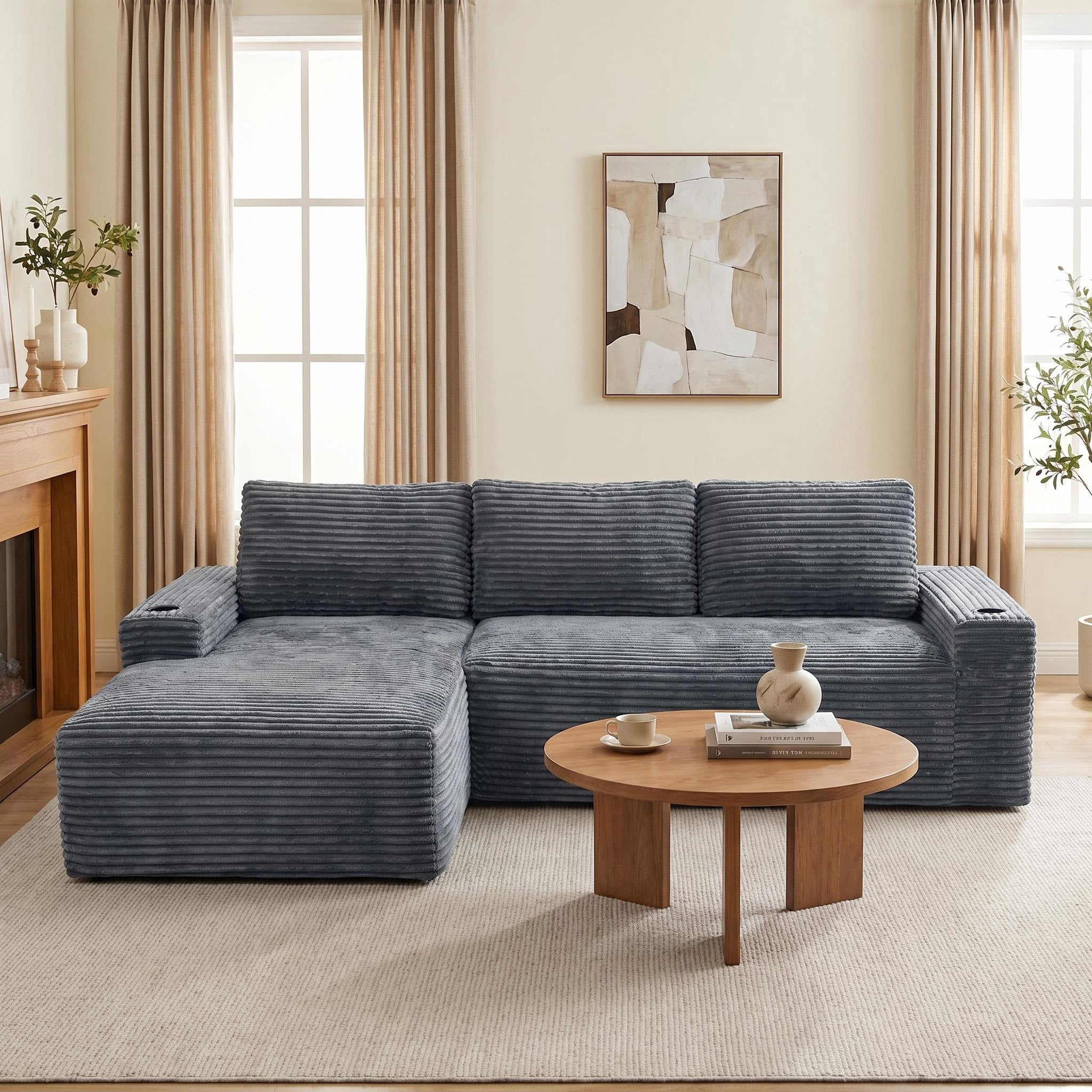 AISWORD 104.3" L-Shaped Modular Sectional Sofa, Corduroy 4-Seater Cloud Couch with Cup Holders & Side Pockets, Boneless Upholstered Sofa, No Assembly, Gray, Left-Facing Chaise