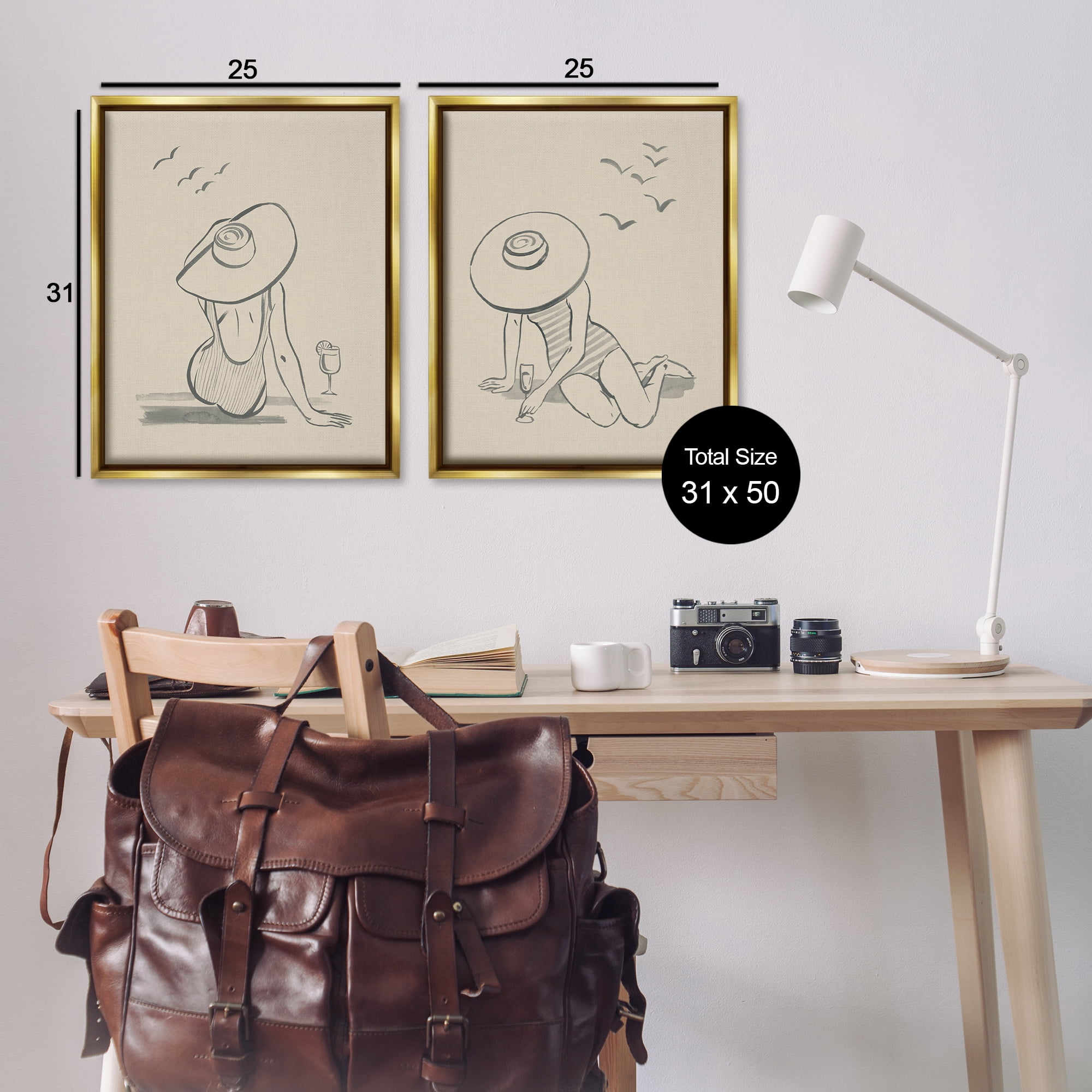 Stupell Industries Female Figure Drawing Poolside People Drawing Gold Floater Framed Canvas Art Print Wall Art, 31 x 25, Set of 2