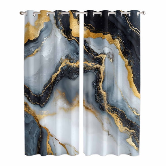 Black Golden Marble Kitchen Curtains 84 Inch Length, Modern Ink Painted Aesthetics Grommet Top Bedroom Living Room Curtains, Light Filtering Cafe Curtain Drapes 2 Panels Set 84''x84''