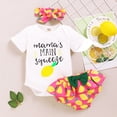 thumbnail image 2 of OLLUISNEO Infant Baby Girls Summer Outfits Set Short Sleeve Lemon Print Romper Top + Ruffle Shorts + Headband Baby Girl Shorts Set 12-18 Months, 2 of 8