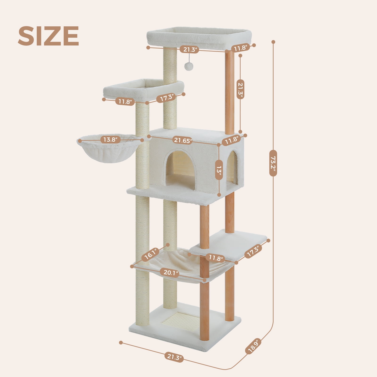 Pefilos 73" Tall Cat Tree Tower with 2 Hammocks, 2 Top Beds, 8 Fully Scratching Posts and Natural Wood Posts for Indoor Cats, Beige