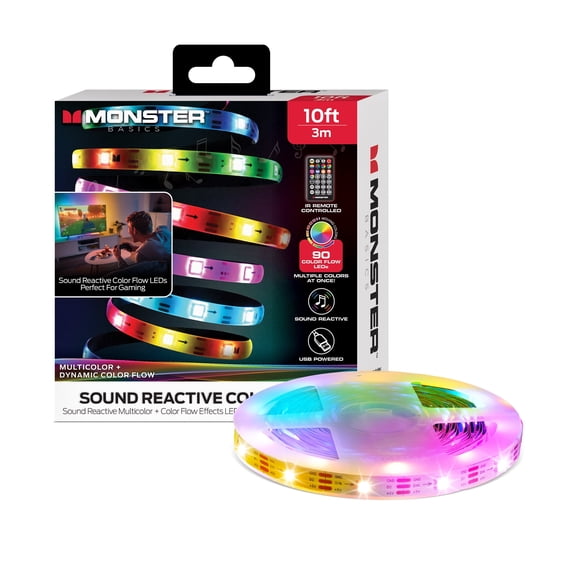 Monster Basics 10ft Sound-Reactive RGB Color Flow LED Light Strip with Remote Control, USB Powered