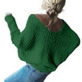 thumbnail image 3 of Women's Off The Shoulder Sweater Solid Color V-Neck Hollow Knit Loose Pullover (Green, S), 3 of 3