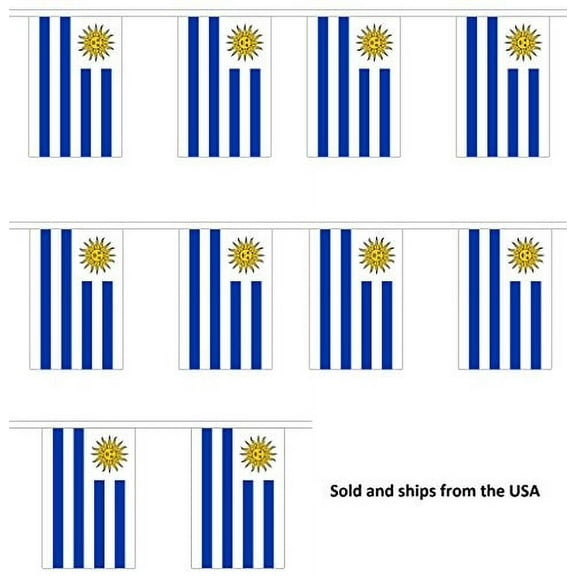 10' Uruguay String Flag Party Bunting Has 10 Uruguayan 6"x9" Polyester Banner Flags Attached, Popular For School Classroom, Bars, Restaurants, World Cup Theme Parties