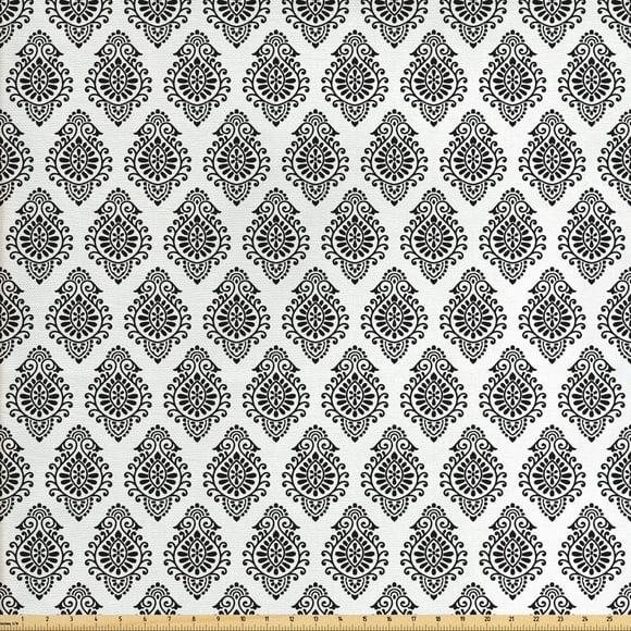 Black and White Upholstery Fabric by the Yard, Monochrome Arrangement of Abstract Oriental Damask Motifs Swirled Lines, Decorative Fabric for DIY and Home Accents, Black White by Ambesonne