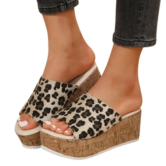 Viluyesy Womens Slide Sandals, Open Toe Leopard Slope Heel Summer Casual Wedge Shoes Gold