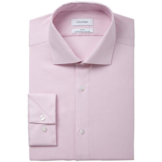 Calvin Klein Mens Non-Iron Stretch Button Down Dress Shirt, Pink, 14