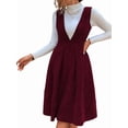 thumbnail image 4 of Women V Neck Corduroy Overall Dress Fall Mini Pinafore Jumper Dress Red S, 4 of 9