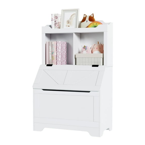 Kids Bookshelf and Toy Storage with Flip Top Lid, Wooden Toddler Bookcase Cabinet with Cubbies, Toy Storage Organizer with Bookshelf for Playroom Bedroom Nursery Classroom, White