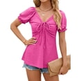 thumbnail image 3 of Hibeli Women V Neck Lace Up Ruffled Puff Short Sleeve Solid Color Pullover Top, 3 of 7