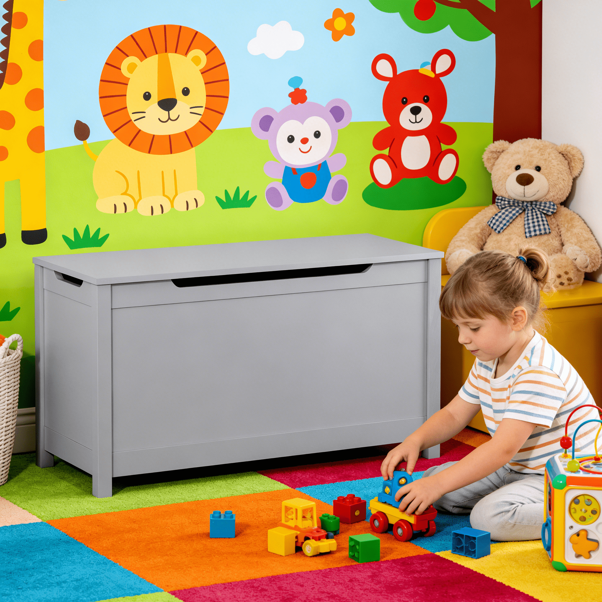 Kids Wooden Toy Box Storage Chest with Safety Hinged Lid, Gray, Sturdy Organizer for Toys Books