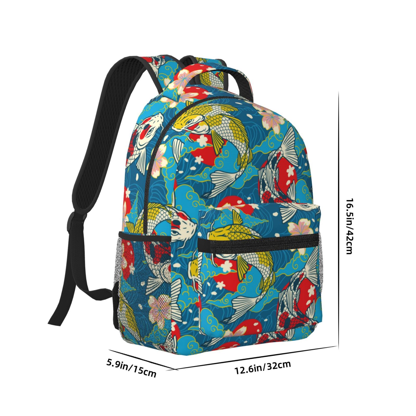 Rateoe Japanese Koi Pattern Durable Student Backpack Laptop Bag- Ergonomic Design, Waterproof Twill Fabric - Ideal for School, Travel, and Outdoor Activities