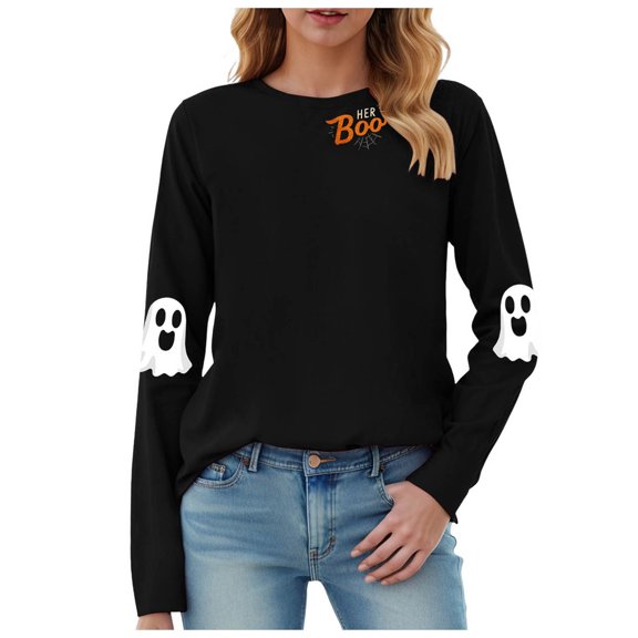 enyan Women Halloween Shirt Funny Pumpkin Ghost T-Shirts Long Sleeve Holiday Fall Tee Tops Women Halloween Shirts Black,S