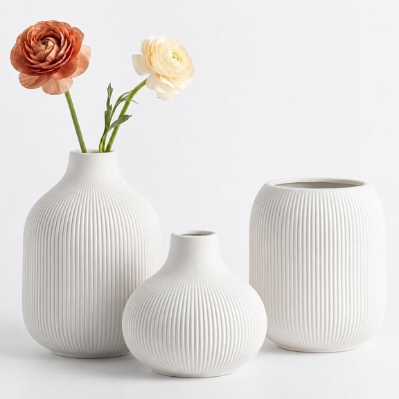 Ceramic Vase Set for Decor, Small Bud Vases, Pastel Decorative Vases for Table, Shelf, Living Room, Kitchen, , Dorm, (White)