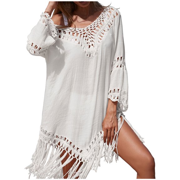 fatyb Womens Bathing Suit Coverup with Fringe Hollow out 3/4 Sleeve Cover up Bikini Wear Beach Dress
