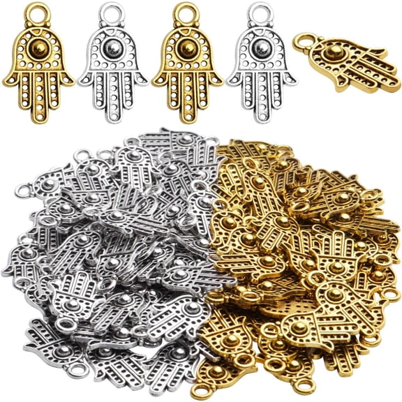 100pcs Antique Golden/Silver Hand Of Hand Evil Eye Pendants Filigree Charms Jewelry Making Findings ,for DIY Necklace Bracelet Earrings Crafts, 12x19mm
