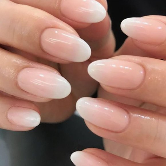 Short Press on Nails Cute Light Pink Almond False Nails with White Gradient Designs Fake Nails Full Cover Acrylic Nails Press ons for Women Daily Wear Simple 24 Pcs